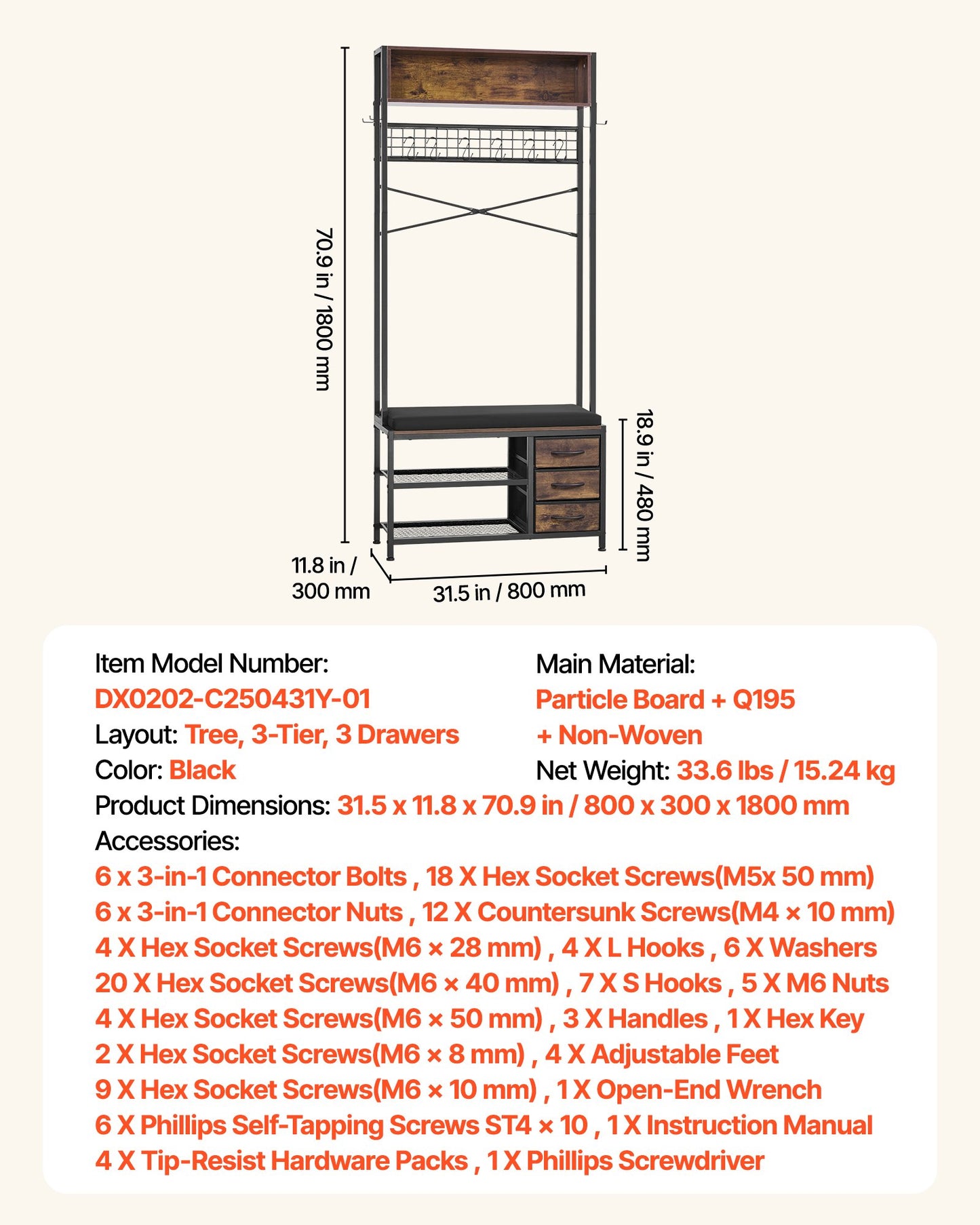 Hall Tree, 70.9 In Coat Rack With Shoe Bench & 3 Drawers, 3-in-1 Freestanding Shoe Rack Storage Organizer With Bookshelf & Wire Shelf, Steel Frame Entrance Coat Holder For Entry, Bedroom, Closet