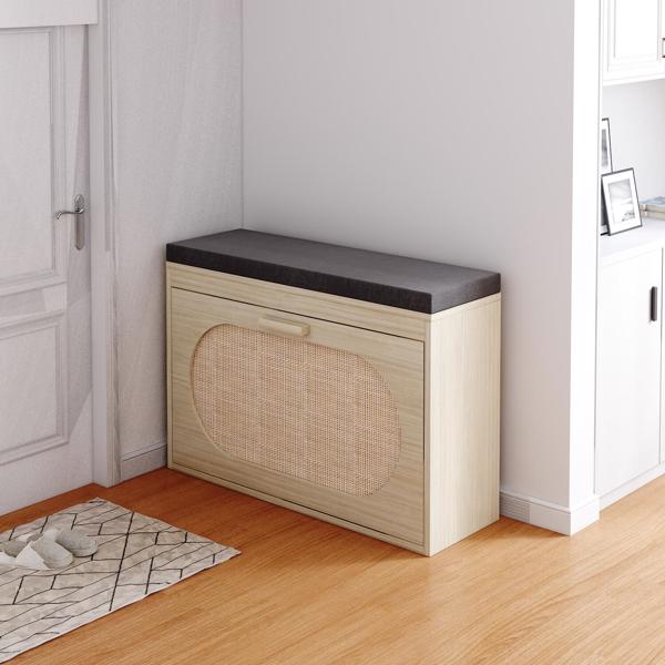 Rattan Shoe Rack, Hallway Shoe Bench, Shoe Cabinet With Flip-Drawer And Seat Cushion