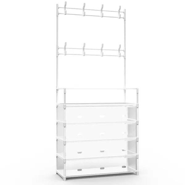 5-Tier Coat Rack Dustproof Entryway Hall Tree Clothing Shelf Shoe Rack With 8 Removable Hooks Freestanding Hat Clothes Organizer For Front Door Bedroom Entryway