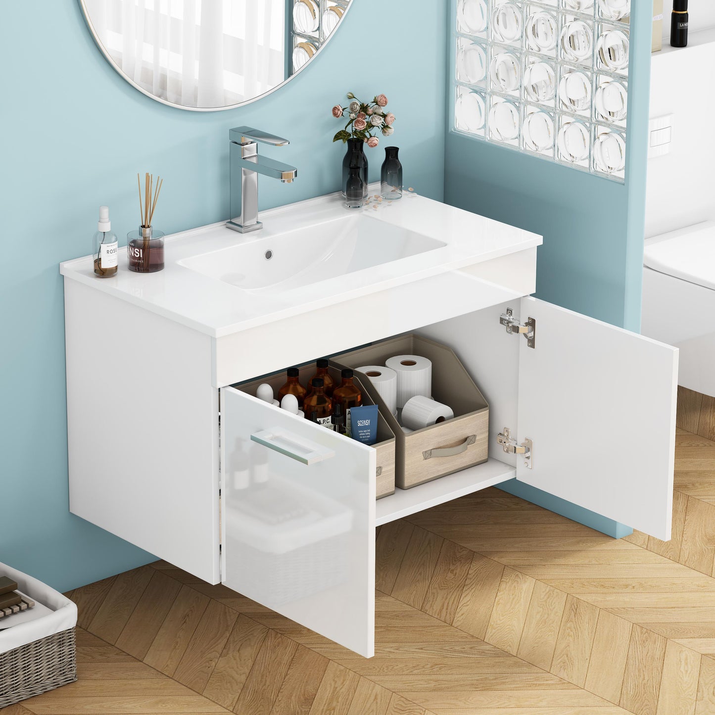 32-Inch Bathroom Vanity With Sink Combo,Wall-Mounted Bathroom Vanity With Double Doors, Wall Mount Bathroom Cabinet,,Soft Close Hinges,Long Metal Handles,Ceramic Basin,Glossy White