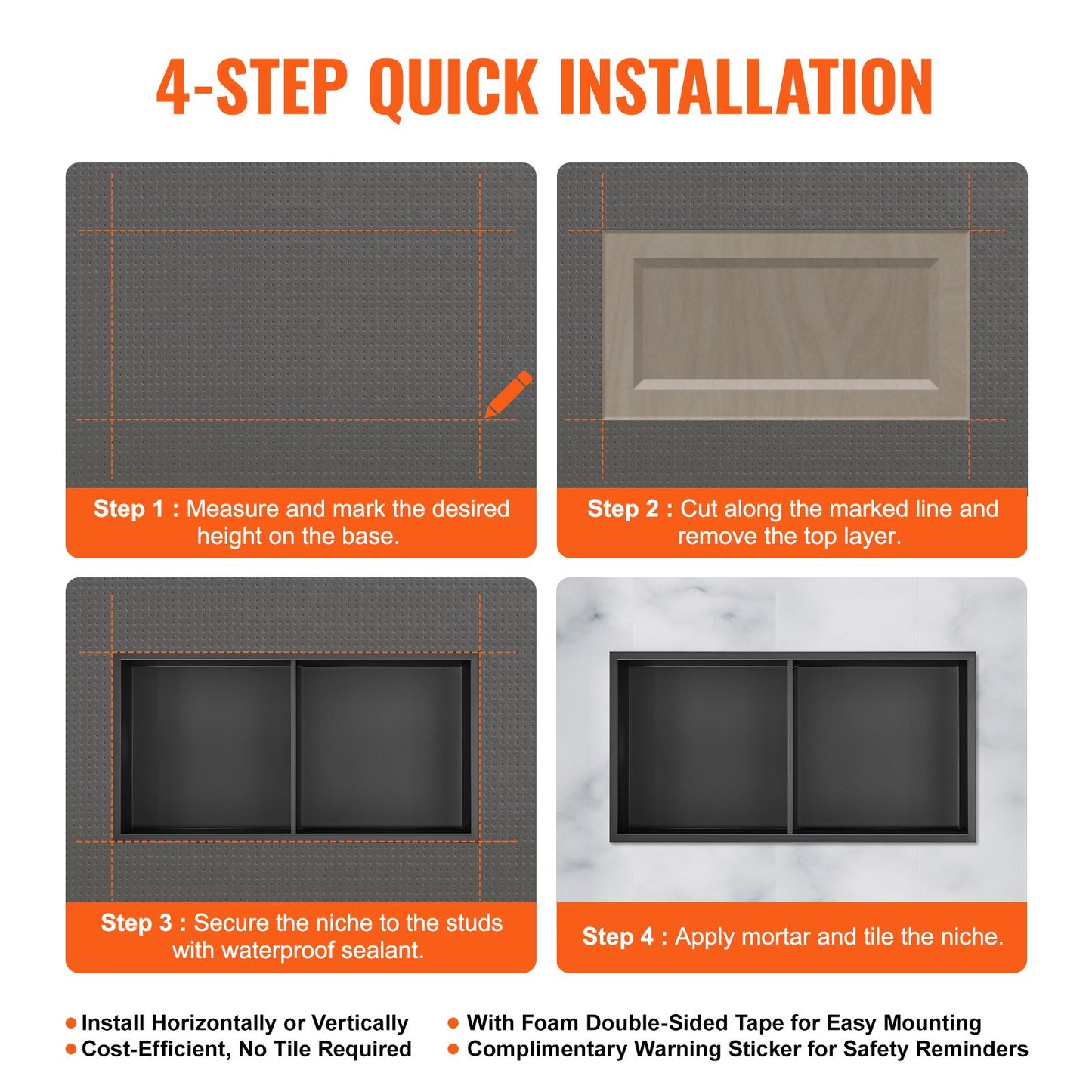 13"x25" No Tile Shower Niche 304 Stainless Steel, Wall-Inserted Niche Recessed Double Shelves, Sealed Waterproof Rust-Resistant Easy Cleaning Modern Niche For Shower Or Soap Storage Bathroom