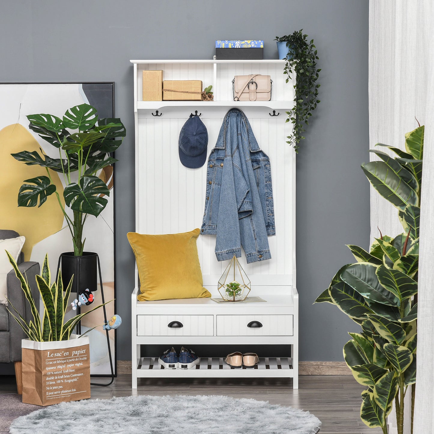 3-in-1 Hall Tree, Entryway Bench with Coat Rack, Mudroom Bench with Shoe Rack, 2 Storage Drawers, 4 Hooks and Padded Seat Cushions for Hallway, White