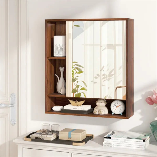 2 In 1 Mirrored Bathroom Wall Cabinet, Space-Saving Medicine Cabinet With Hidden Storage & Shelves - Walnut