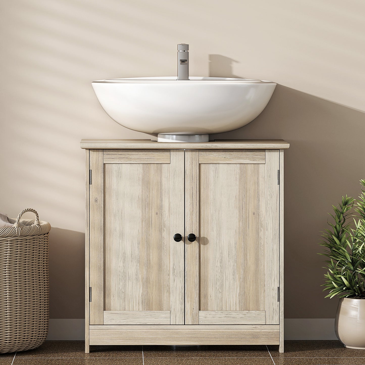 Bathroom Vanity Cabinet, Under Sink Bathroom Cabinet with 2 Doors and Adjustable Shelf, Weathered Gray Oak