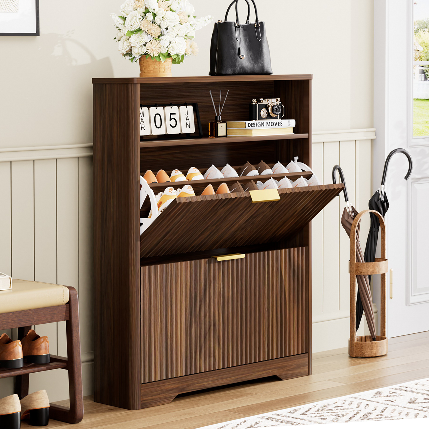 Shoe Cabinet Storage For Entryway Hidden Shoes Storage Cabinet With 2 Flip Drawers, Tall Free Standing Shoe Organizer Rack For Foyer, Hallway. Walnut,31.6  L X 9.6  W X 40  H.