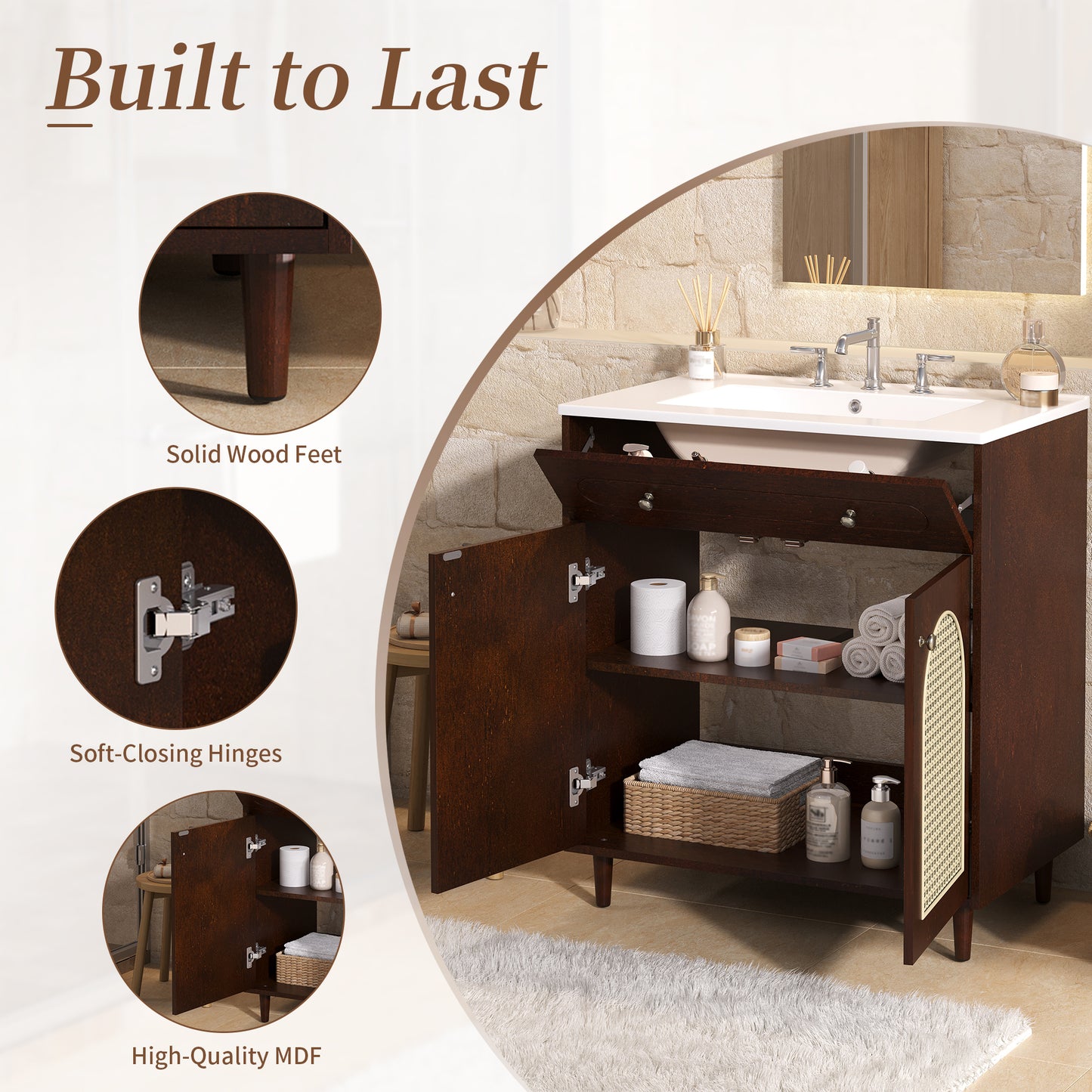 30 Bathroom Vanity With Ceramic Sink, Solid Wood Frame Bathroom Sink Cabinet With Adjustable Shelf, Tip-Drawer, Rattan Front Panels