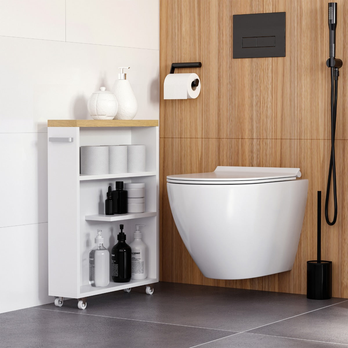 Slim Bathroom Cabinet with Castor Wheels Storage Organizer and Wood Shelves To Fit In Small Spaces, White