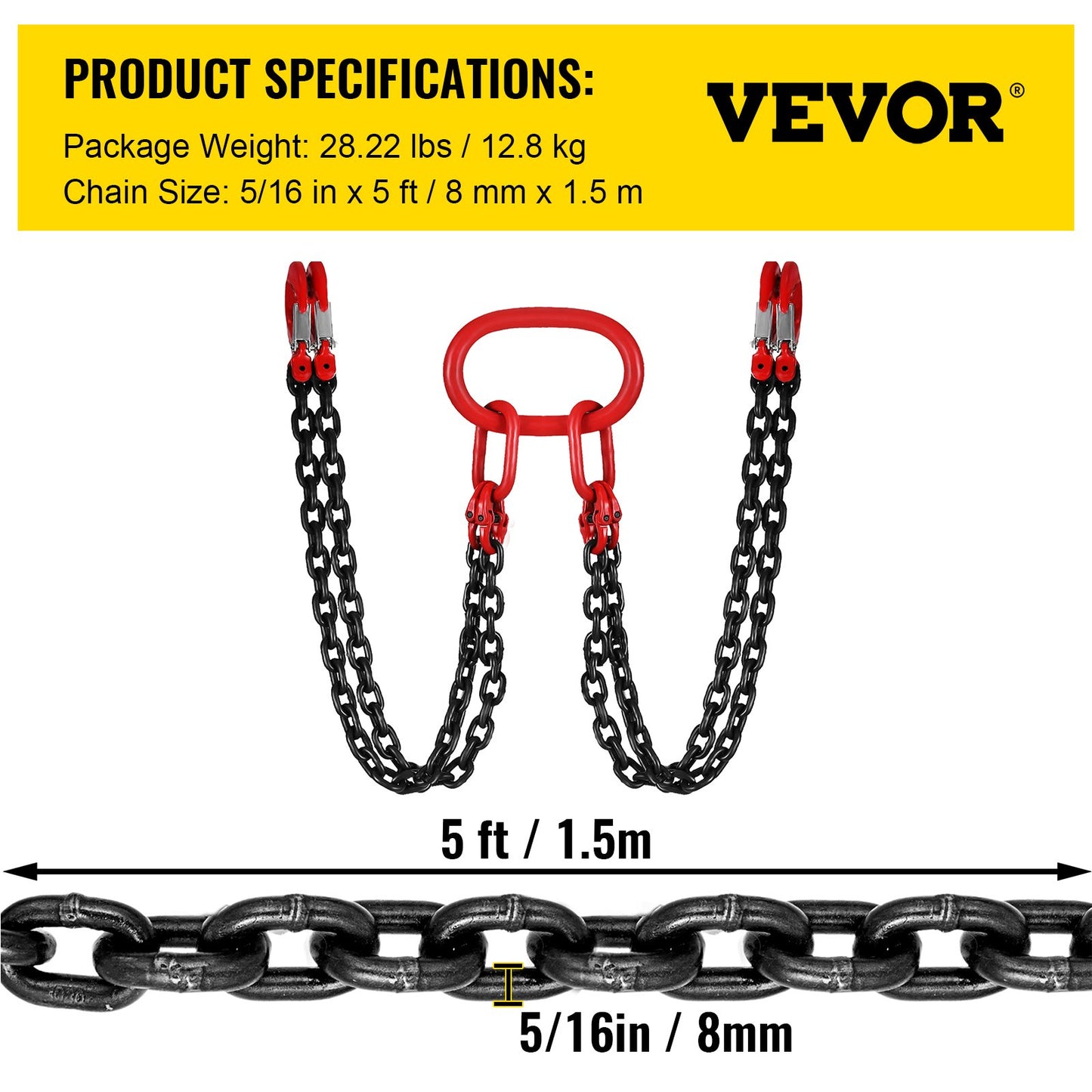 VEVOR 5Ft Chain Sling  5 Ft Engine Lift Chain G80 Alloy Steel Engine Chain Hoist Lifts 3 Ton With 4 Leg Grab Hooks