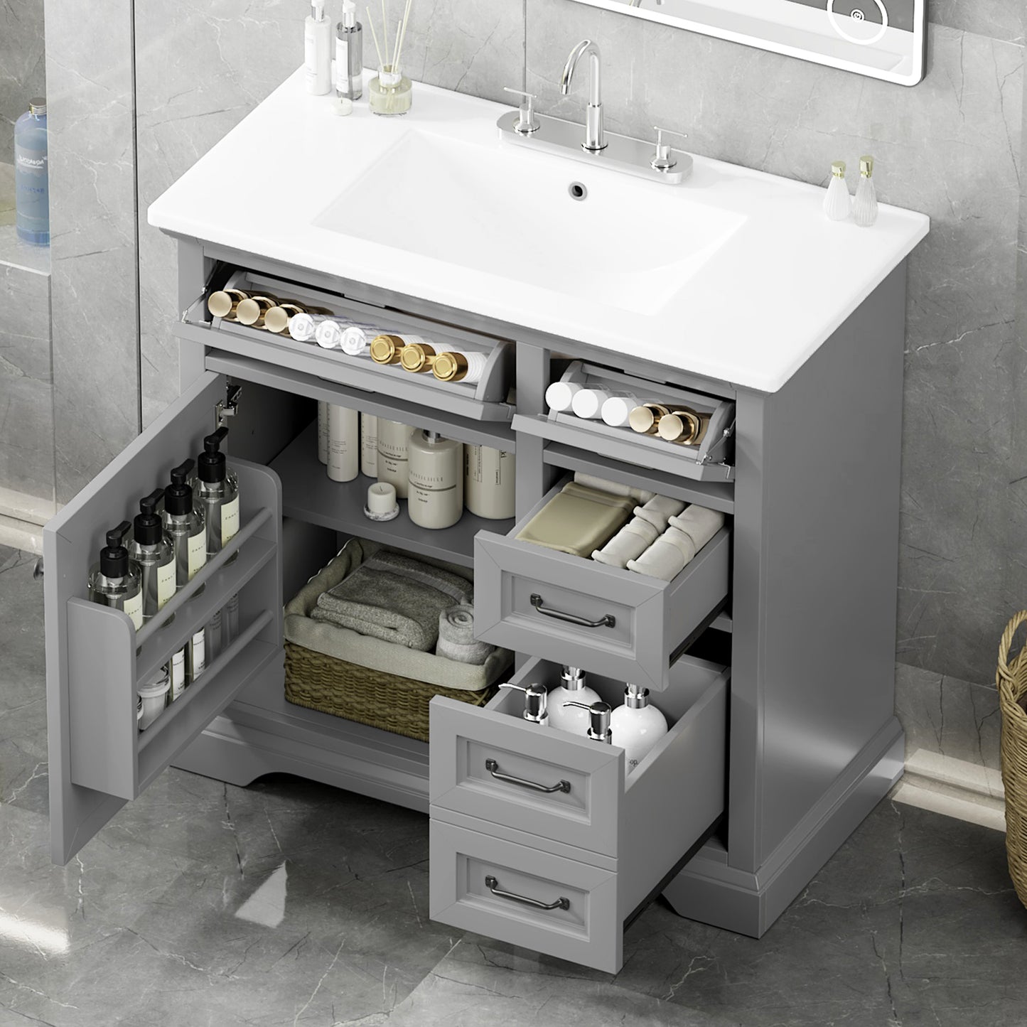 36  Bathroom Vanity With Sink, Ceramic Sink, 2 Tip-out Drawers, Soft Close Door Hinges, Light Gray
