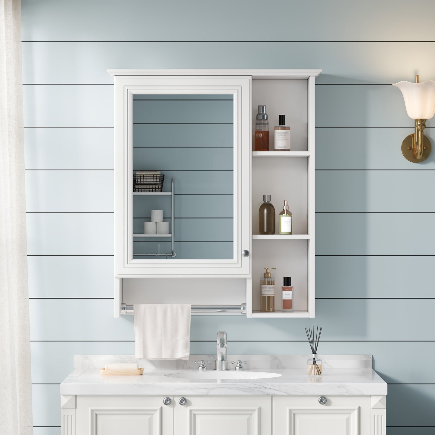 3-in-1 Bathroom Mirror Cabinet, 24-inch Wall Mounted Medicine Cabinet With Adjustable Shelf & Tower Bar, High-Definition Mirror With Storage For Bathroom Vanity