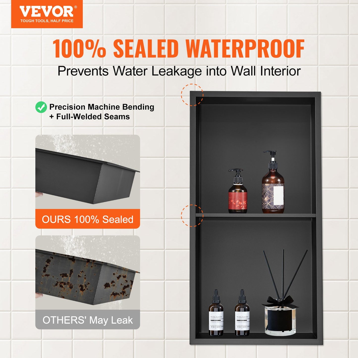 13"x25" No Tile Shower Niche 304 Stainless Steel, Wall-Inserted Niche Recessed Double Shelves, Sealed Waterproof Rust-Resistant Easy Cleaning Modern Niche For Shower Or Soap Storage Bathroom