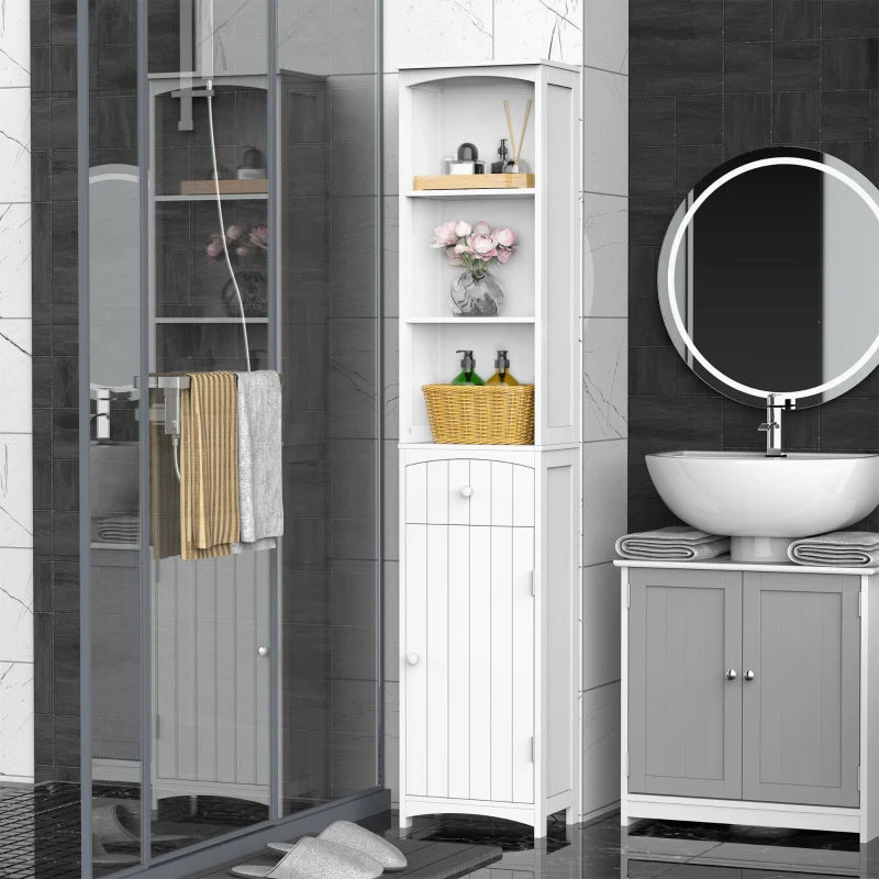 Bathroom Storage Cabinet, Free Standing Bathroom Storage Unit, Tall Linen Tower With 3-Tier Shelves And Drawer, White