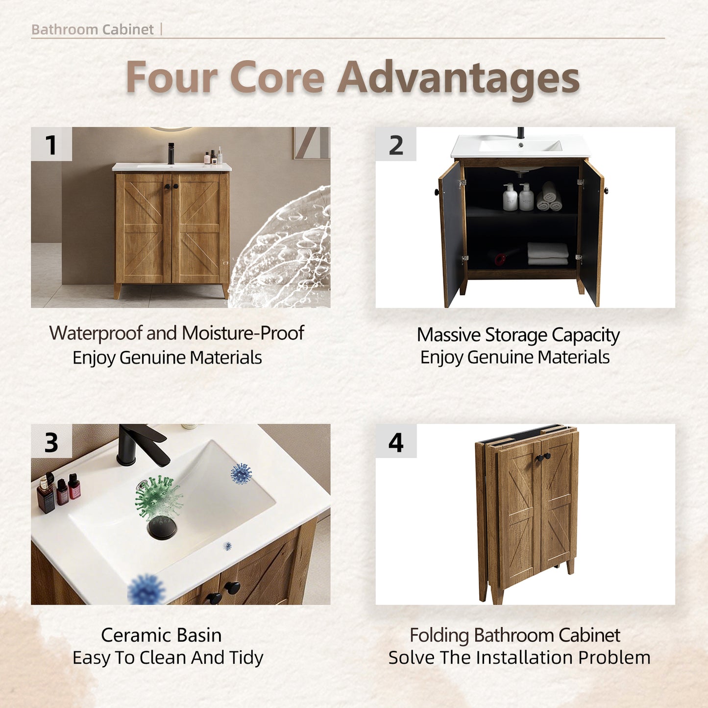 30inch Golden Oak Folding Floor Cabinet With Ceramic Sink- Patented 1-Minute Install  Space-Saving & Easy Assemble American Style
