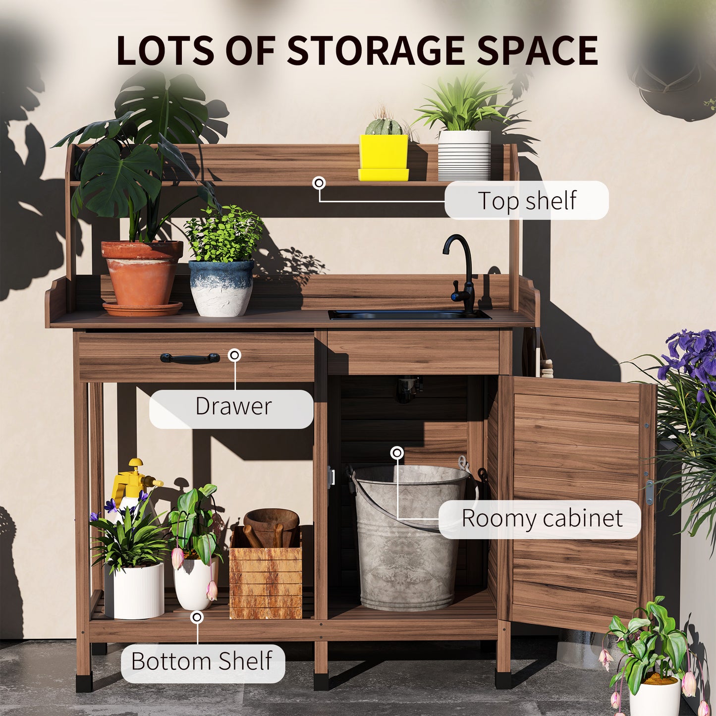 Potting Bench Table with Sink, Outdoor Work Bench Table with Storage Cabinet, Hooks, Removable Sink, Faucet and Drawer for Greenhouse, Garden, Patio, Dark Brown