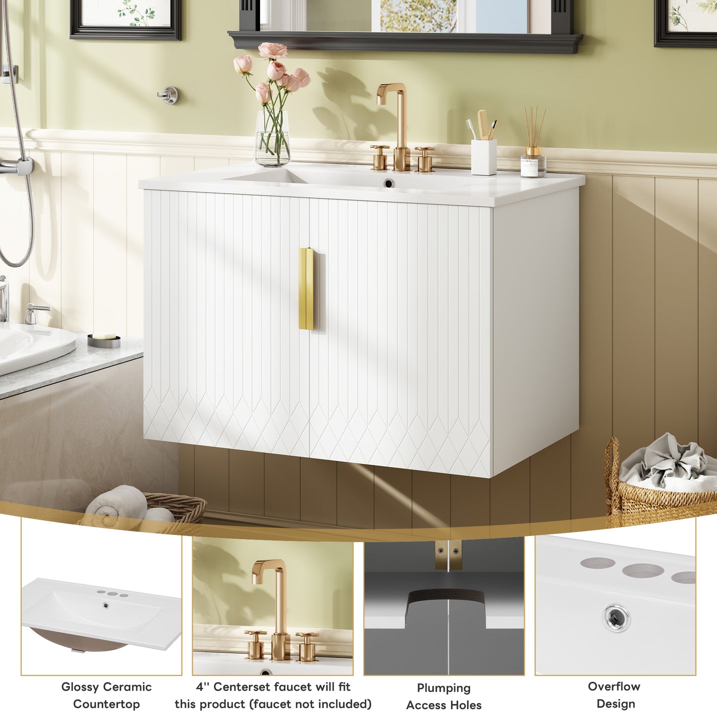 30 Vintage Bathroom Vanity With Ceramic Sink, With 3 Holes Single Ceramic Sink, Bathroom Storage Vanity Cabinet With 2 Soft Closing Doors