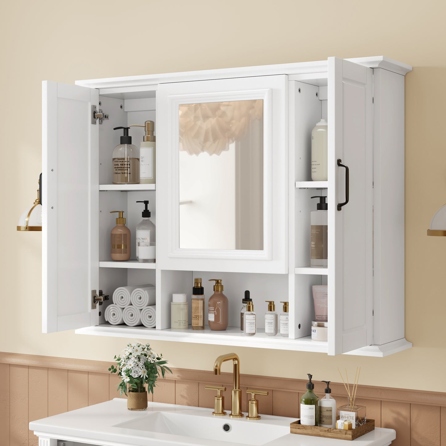 36 Medicine Cabinet, Wall Mounted Bathroom Storage Cabinet, Modern Bathroom Wall Cabinet With Mirror, Mirror Cabinet With 3 Doors Not Include Bathroom Vanity