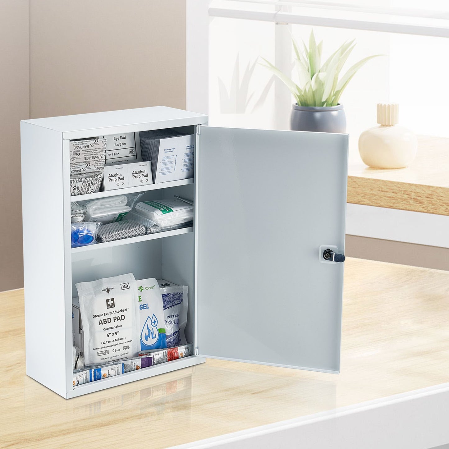 3-Shelf First Aid Cabinet Wall Mounted Medicine Cabinet Emergency Metal Med Box