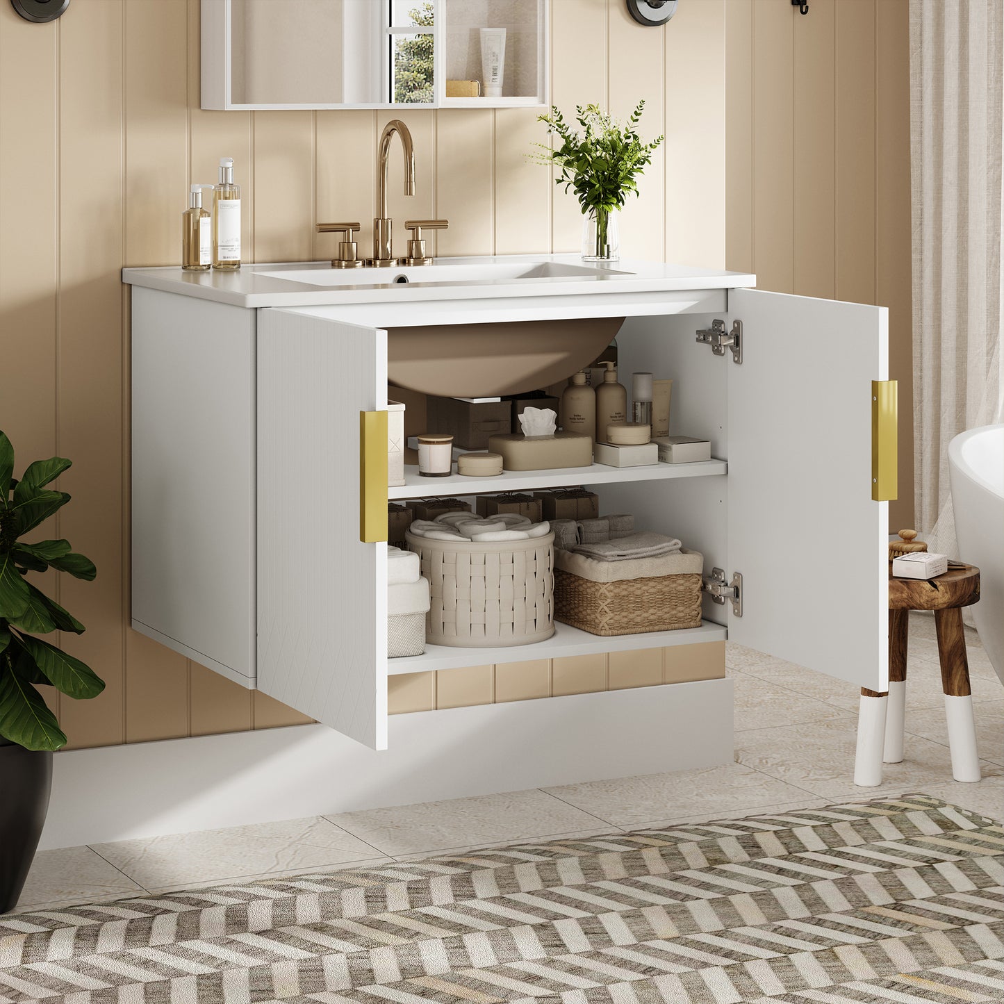 30 Vintage Bathroom Vanity With Ceramic Sink, With 3 Holes Single Ceramic Sink, Bathroom Storage Vanity Cabinet With 2 Soft Closing Doors