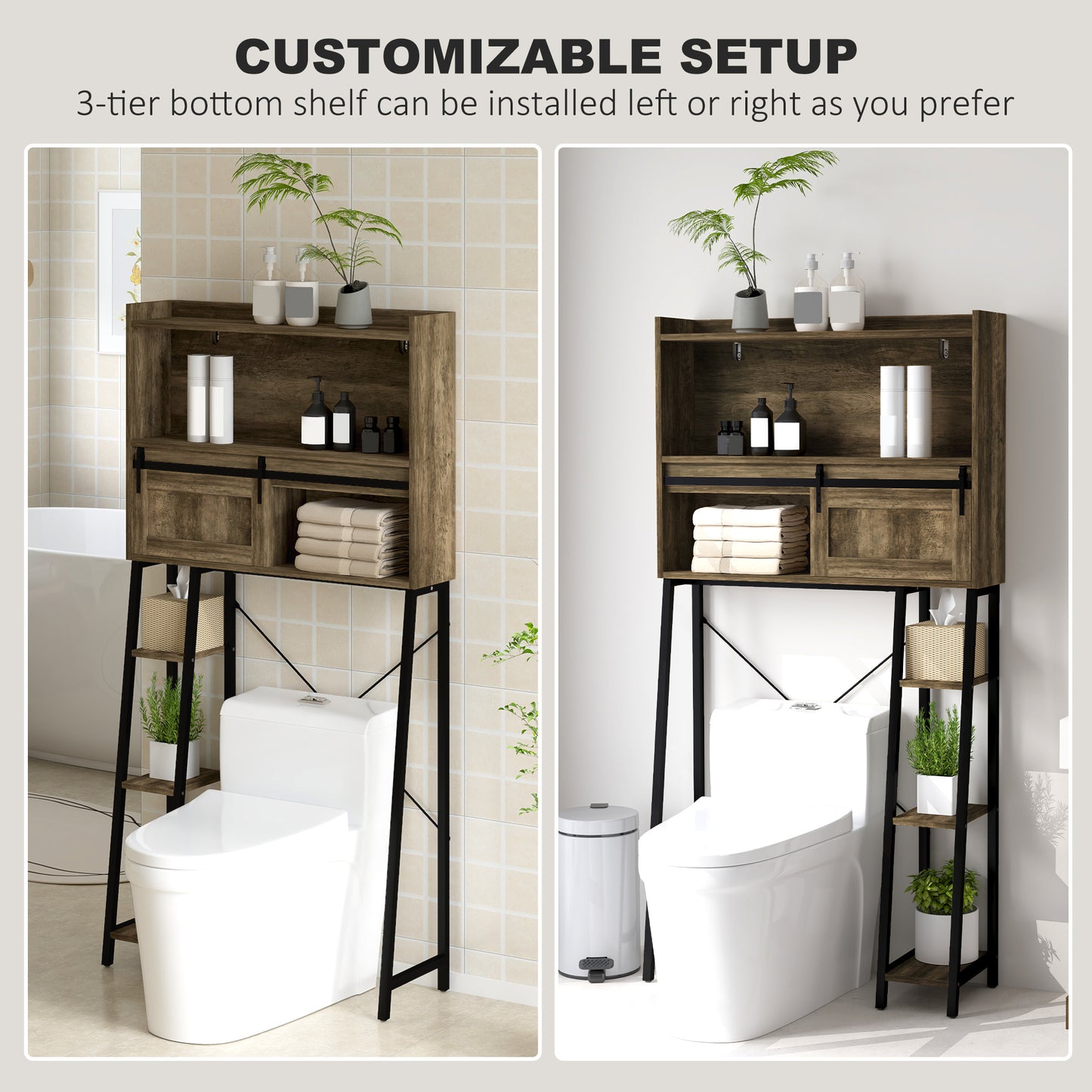 Over the Toilet Storage Cabinet, Over Toilet Bathroom Organizer with 3 Compartments, 4 Open Shelves, Distressed Brown