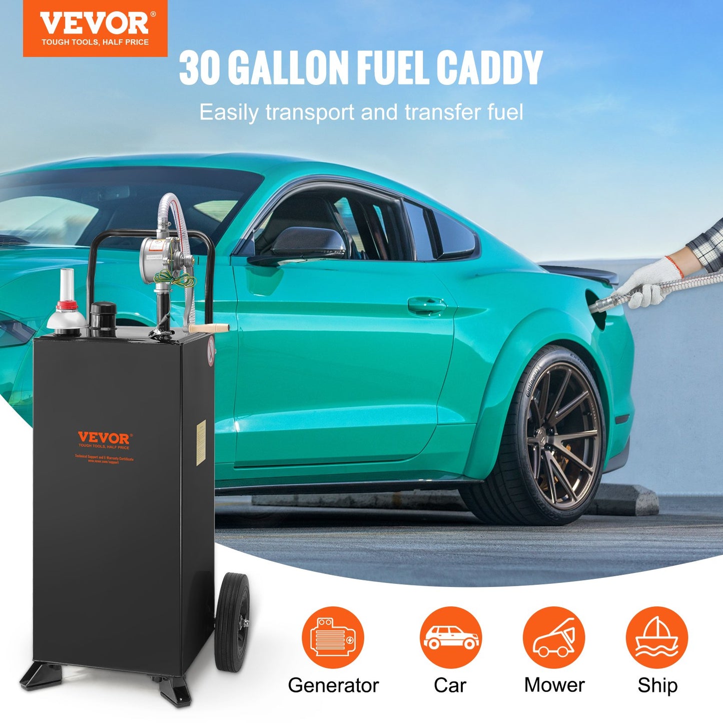 30 Gallon Gas Caddy, Fuel Storage Tank With Wheels, Portable Fuel Caddy With Manuel Transfer Pump, Gasoline Diesel Fuel Container For Cars, Lawn Mowers, ATVs, Boats, More, Black