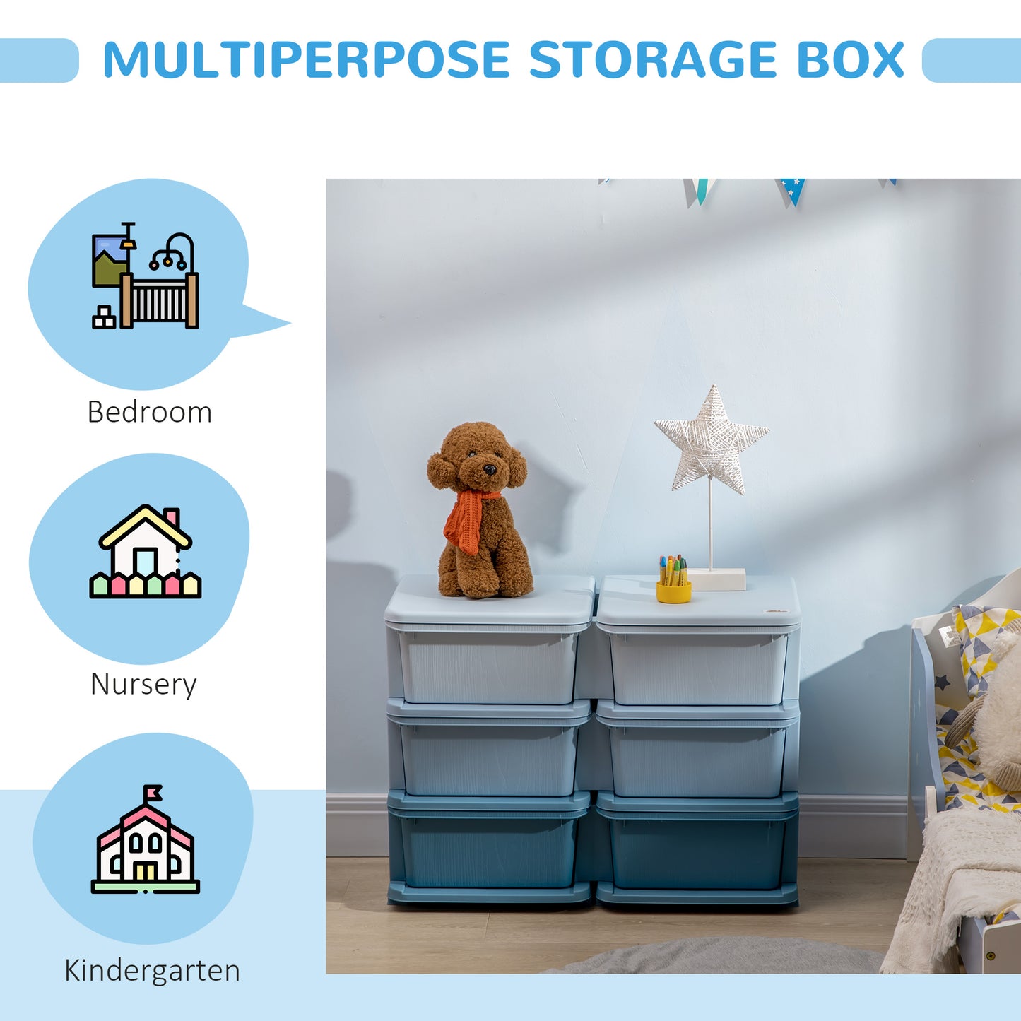 3 Tier Kids Storage Unit, Toy Organizers and Storage with 6 Drawer Chest for Kids Bedroom Nursery Kindergarten Living Room for Boys Girls Toddlers, Blue