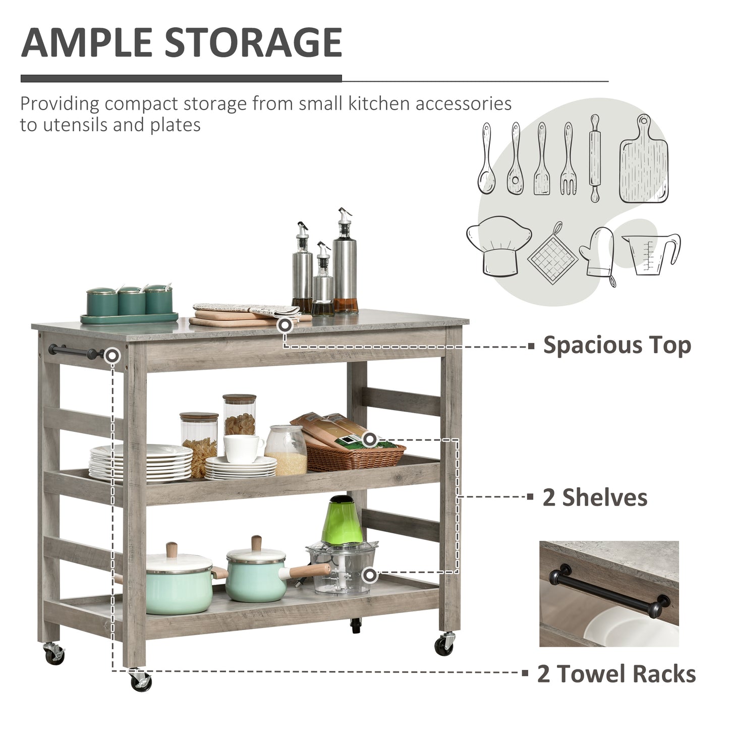 Kitchen Cart, Rolling Kitchen Island Utility Trolley with Stainless Steel Top