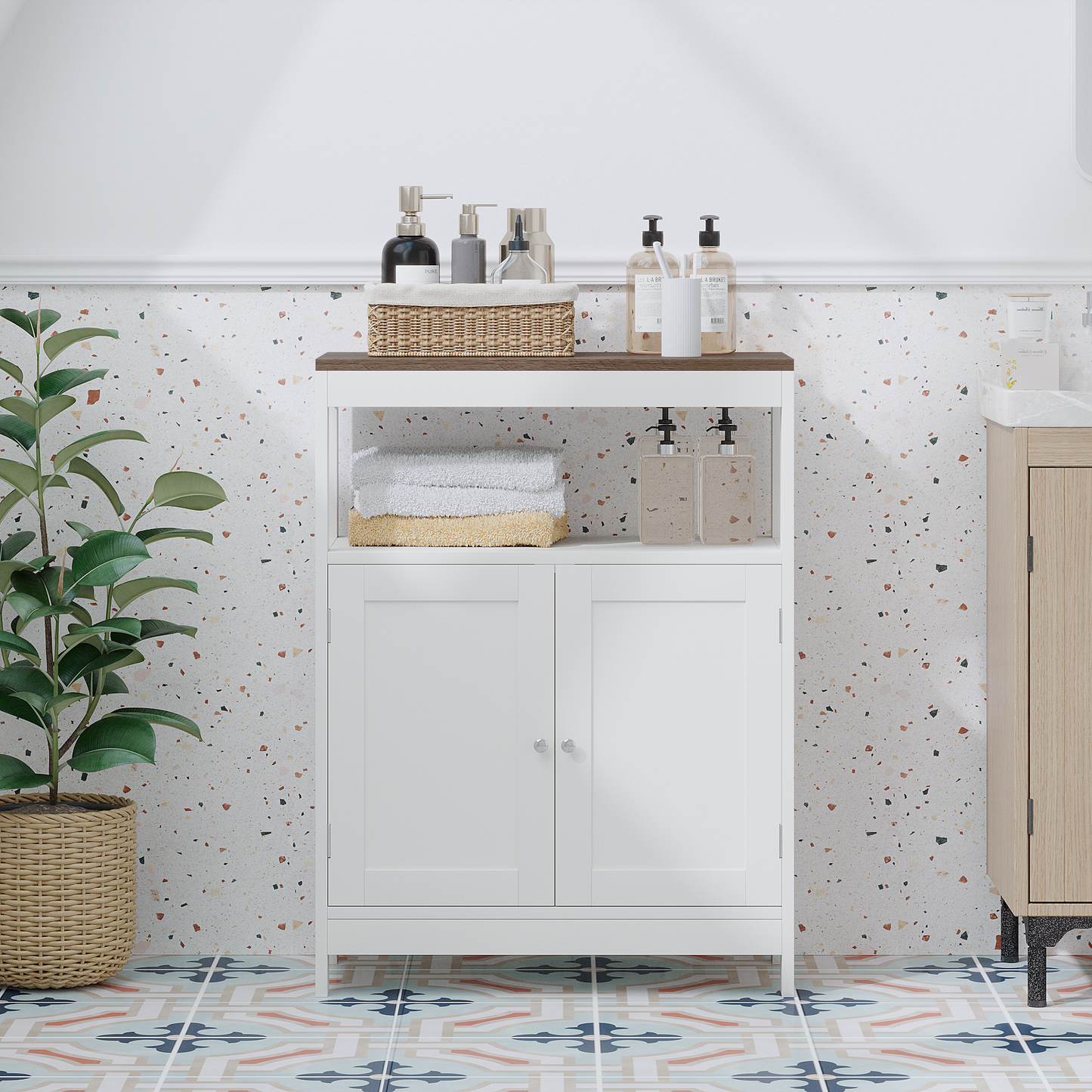 Modern Storage Cabinet With Double Doors, Free-Standing Bathroom Cabinet With Adjustable Shelf And Natural Wood Top, Multi-Purpose Organizer For Kitchen, Living Room, Bathroom Or Entryway White
