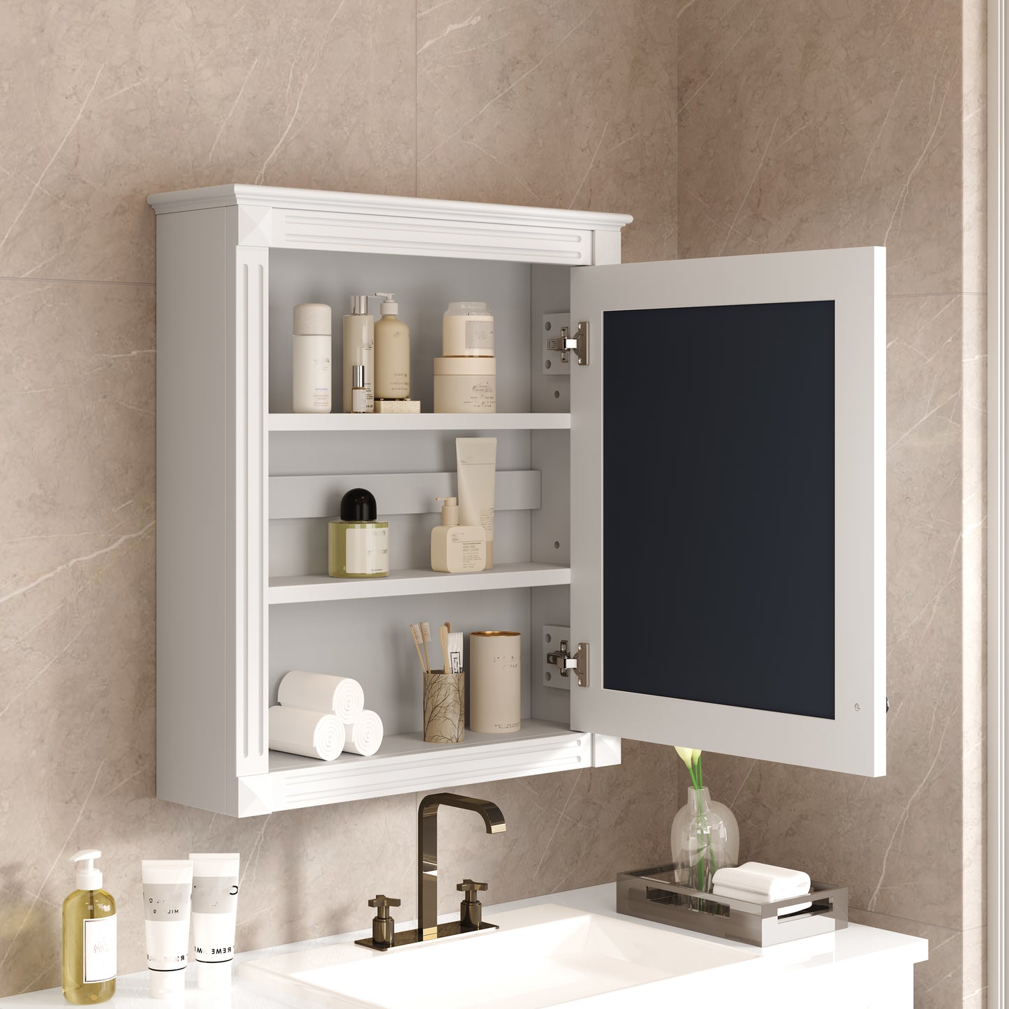 24'' X 27'' Wall Mounted Bathroom Storage Cabinet With Mirror, Medicine Cabinet With Height Adjustable Shelf, Over The Toilet Space Saver Cabinet