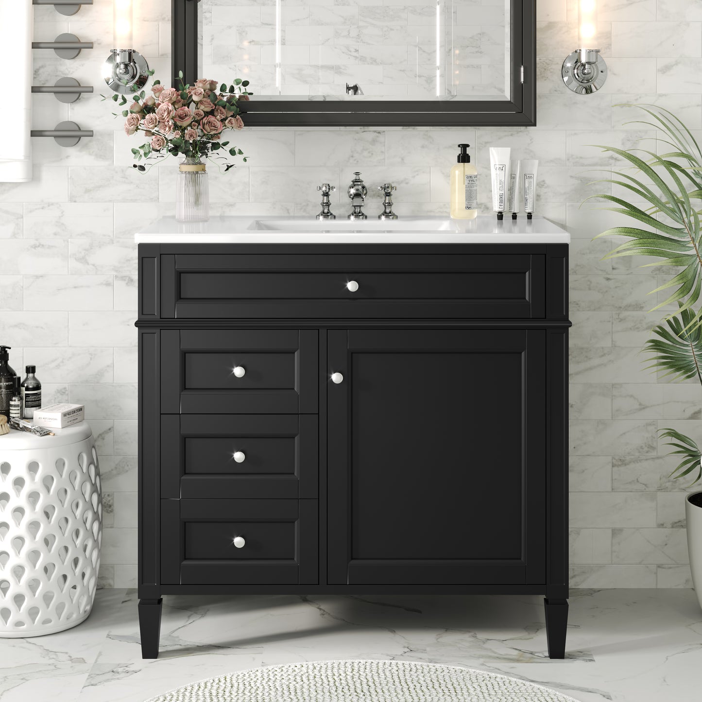 36'' Bathroom Vanity With Top Sink, Modern Bathroom Storage Cabinet With 2 Drawers And A Tip-out Drawer, Single Sink Bathroom Vanity