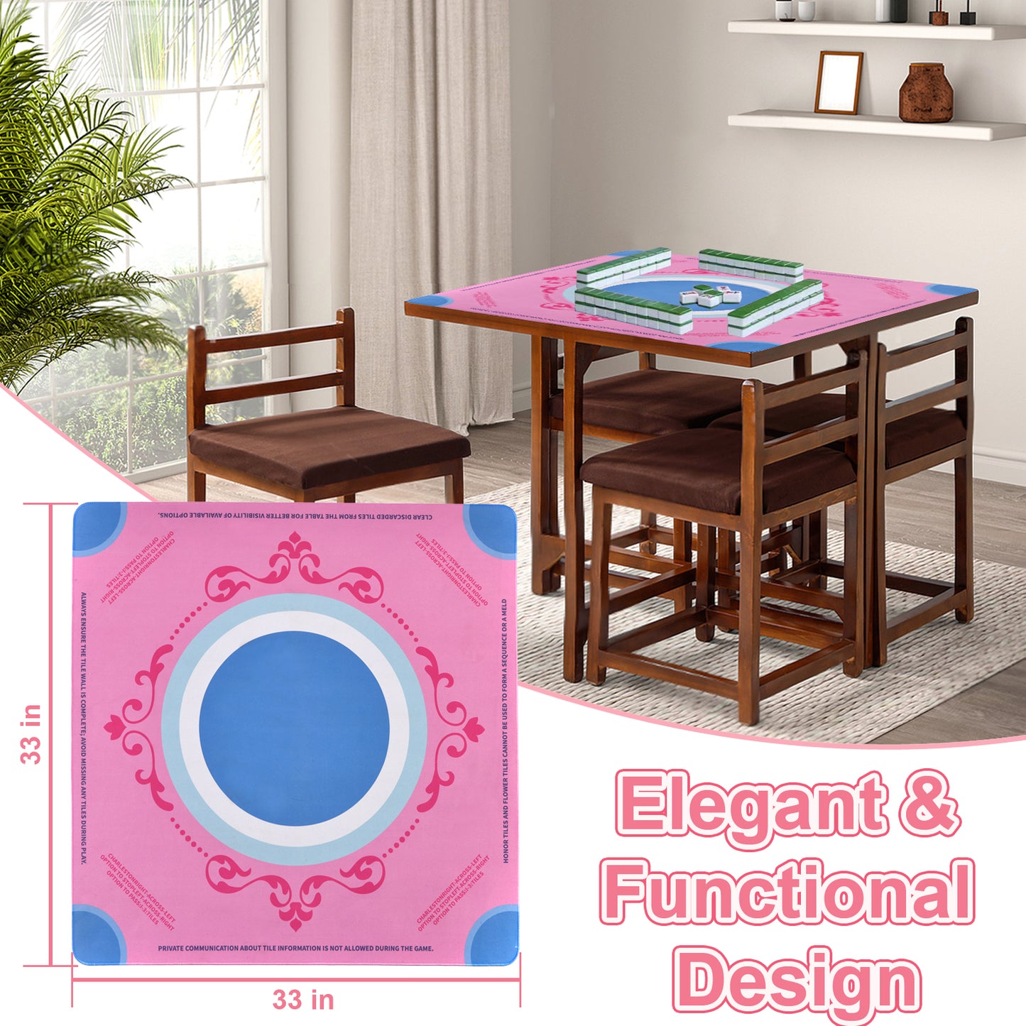 Machine Washable Mahjong Mat 33x33 Inch - Crease-Free Neoprene Table Mat For American Mahjong, Non-Slip, Noise-Reducing, Easy To Clean, Fold-Free Storage
