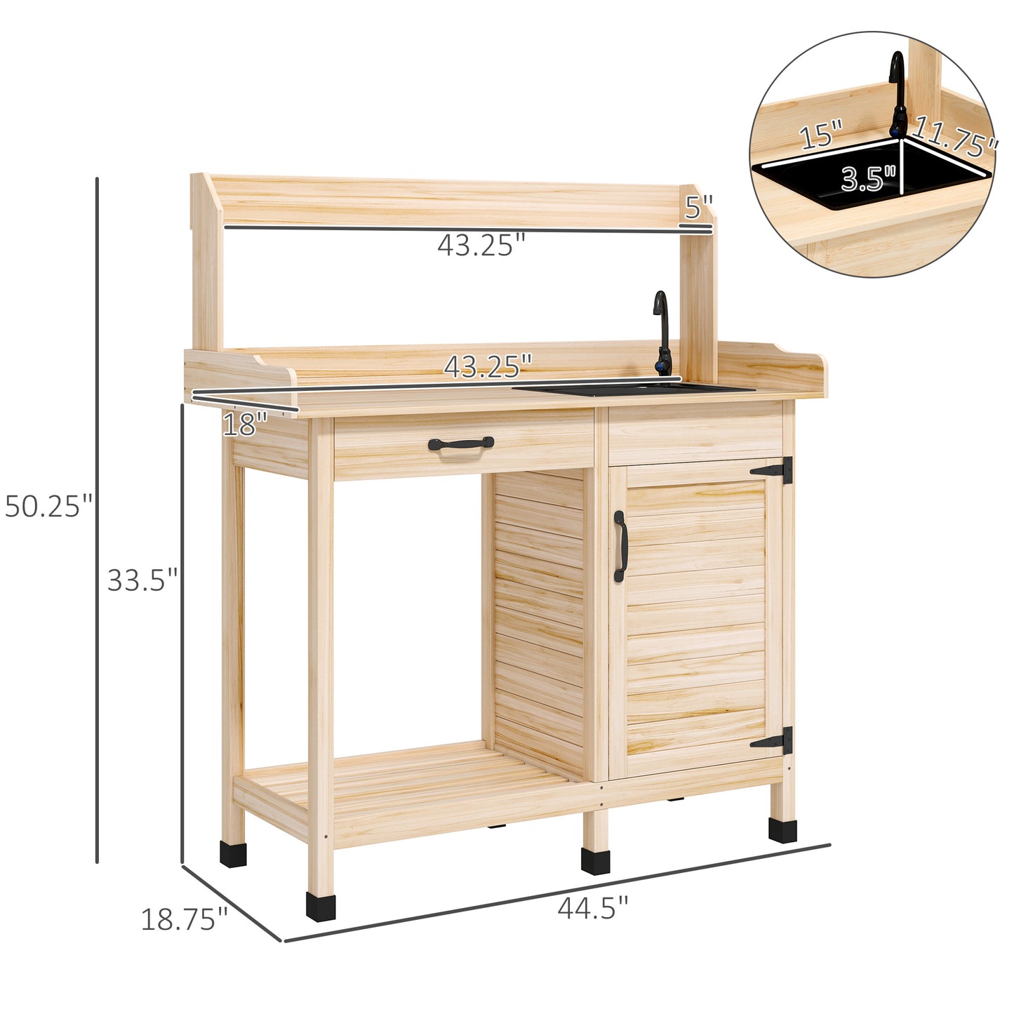 Potting Bench Table with Sink, Outdoor Work Bench Table with Storage Cabinet, Hooks, Removable Sink, Faucet and Drawer for Greenhouse, Garden, Patio, Natural Wood