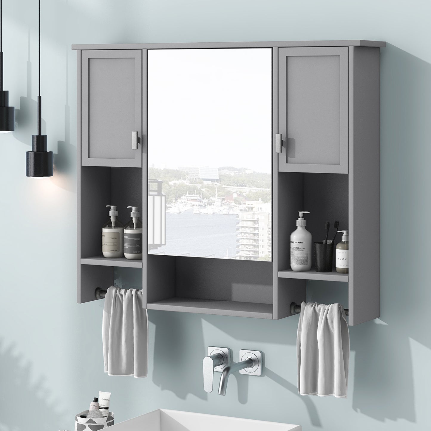 35'' X 28'' Modern Wall Mounted Bathroom Storage Cabinet, Bathroom Wall Cabinet With Mirror, Medicine Cabinet With Towels Bar