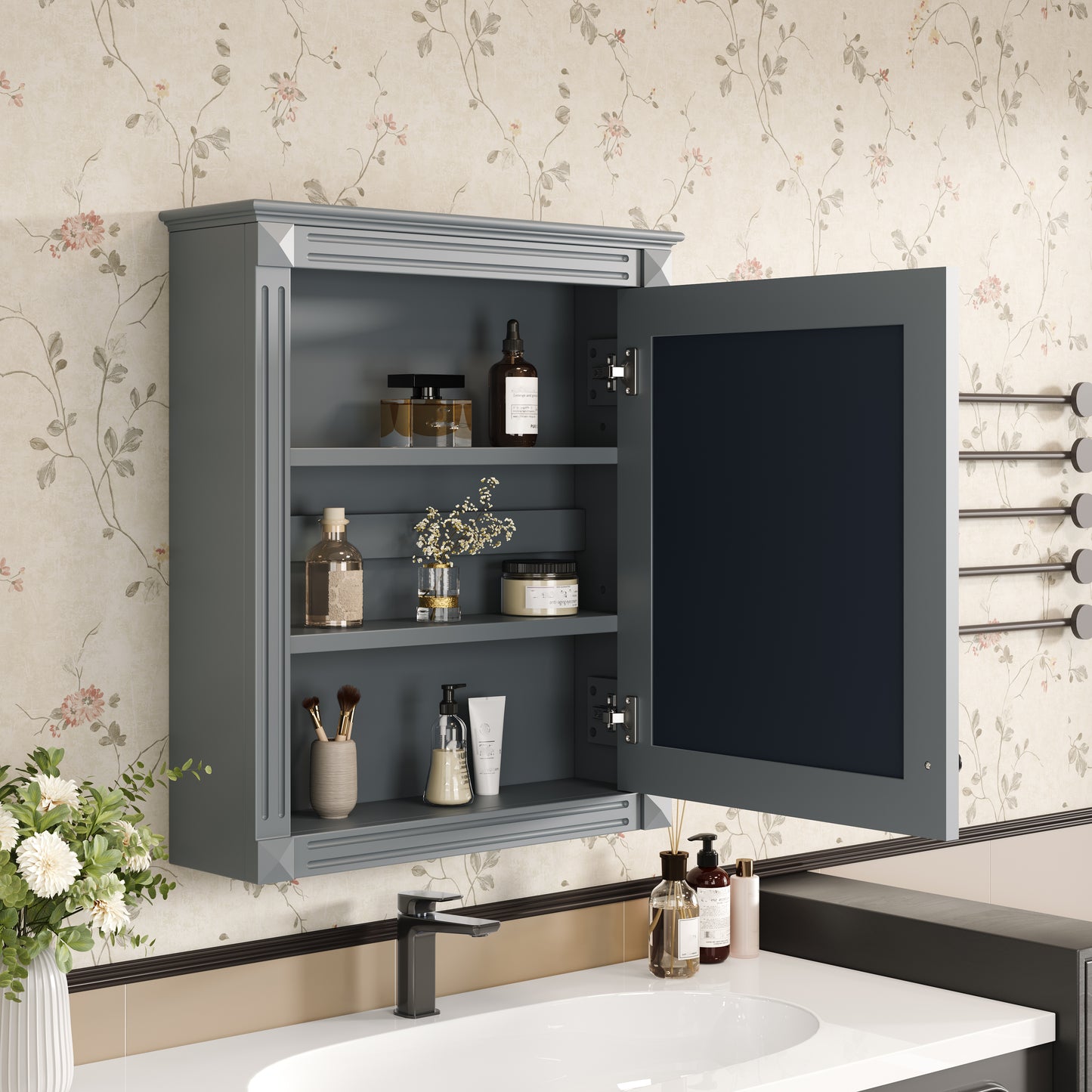 24'' X 27'' Wall Mounted Bathroom Storage Cabinet With Mirror, Medicine Cabinet With Height Adjustable Shelf, Over The Toilet Space Saver Cabinet