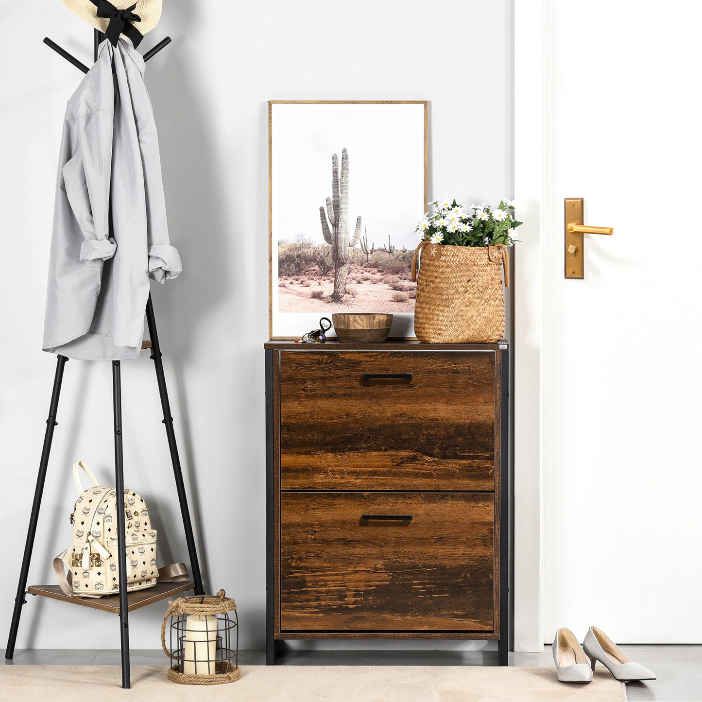 Industrial Shoe Cabinet with 2 Flip Drawers, Freestanding Shoe Storage Cabinet for 12 Pairs, Narrow Slim Shoe Rack for Entryway, Hallway, Rustic Brown