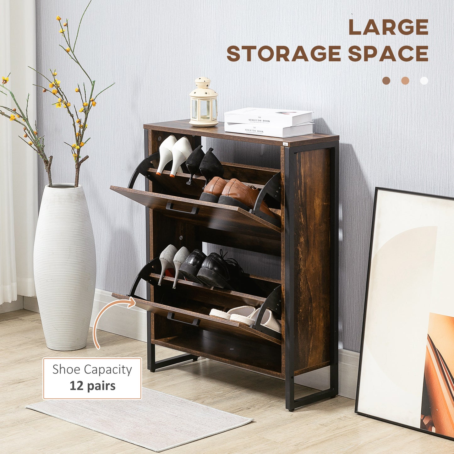 Industrial Shoe Cabinet with 2 Flip Drawers, Freestanding Shoe Storage Cabinet for 12 Pairs, Narrow Slim Shoe Rack for Entryway, Hallway, Rustic Brown