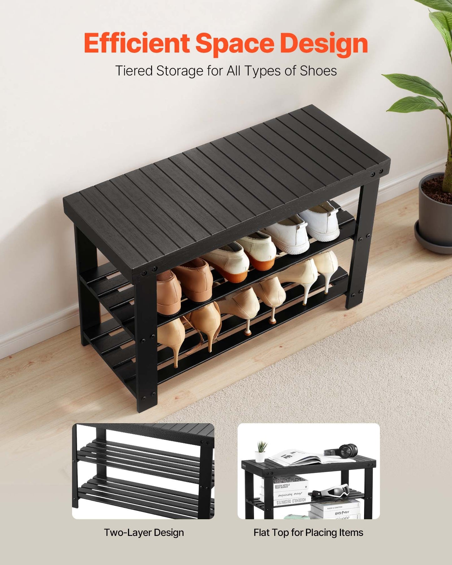 Shoe Rack Bench, 3-Tier Bamboo Entryway Bench, Shoe Storage Organizer Holds Up To 286 Lbs, 27.6 X 11.3 X 17.8 Inches, For Front Door, Hallway, Living Room, Bedroom, Black