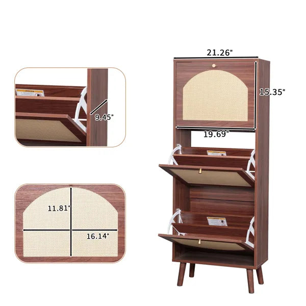 Rattan-covered 3-drawer Shoe Cabinet, Particleboard, 54x24x135 Cm, Brown