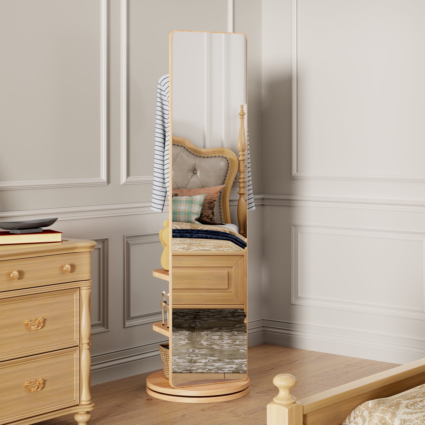360 Rotating 69x16 Multifunctional Full Length Mirror With Hook Storage Rack Coat Rack With Mirror Solid Wood Floor Mirror Bedroom Living Room Cloakroom Space Saving Natural Wood