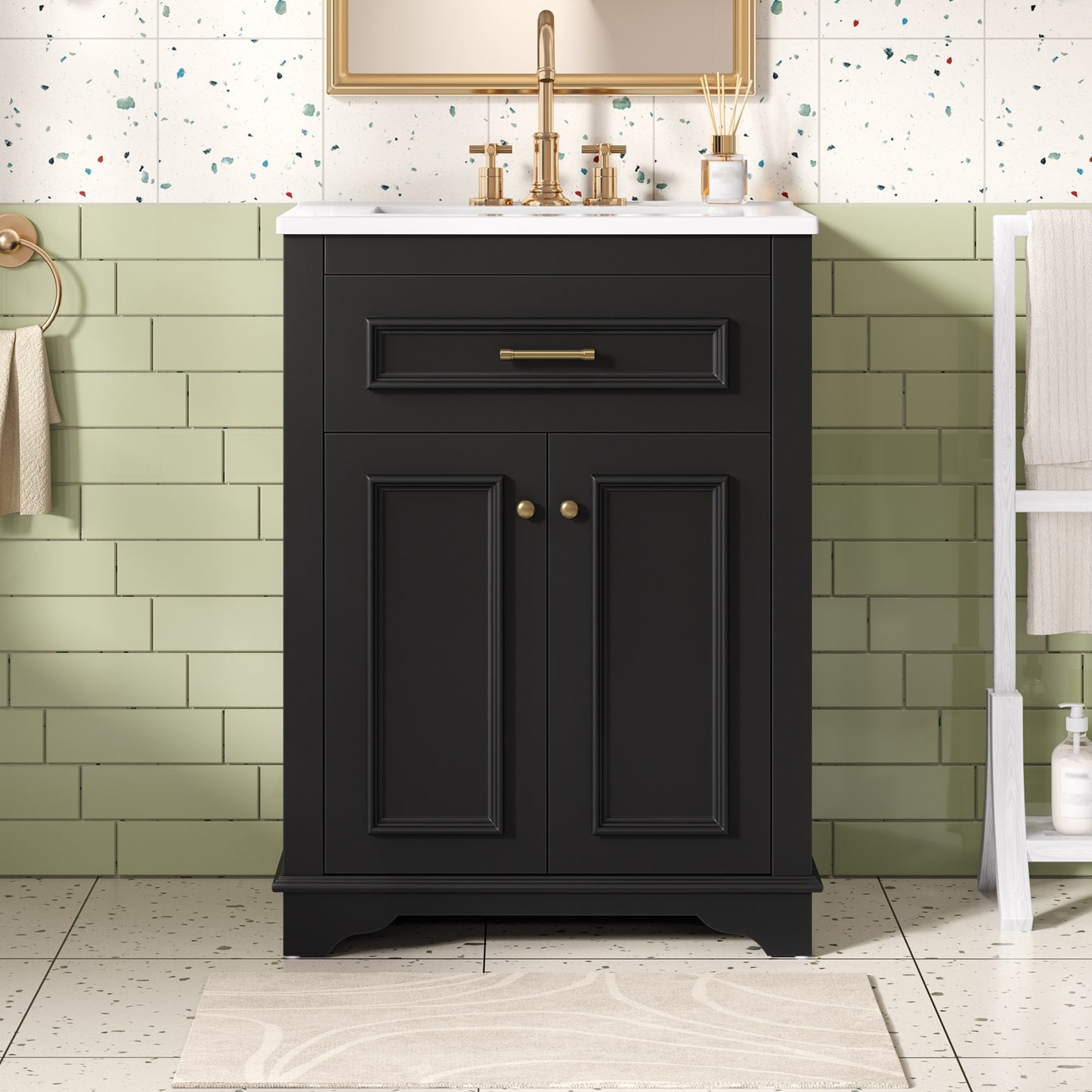 24 Bathroom Vanity With Integrated Ceramic Sink, Bathroom Cabinet With 2 Doors, 1 Tip-Out Drawer, Single Sink Bathroom Vanity For Small And Medium Restroom, Black