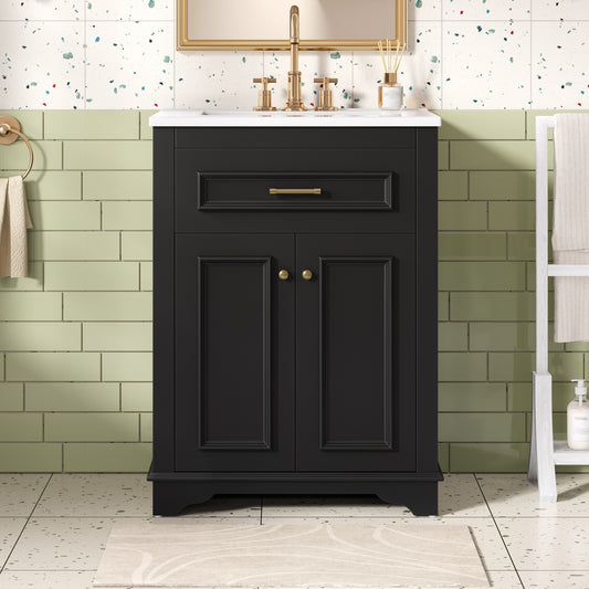 24 Bathroom Vanity With Integrated Ceramic Sink, Bathroom Cabinet With 2 Doors, 1 Tip-Out Drawer, Single Sink Bathroom Vanity For Small And Medium Restroom, Black