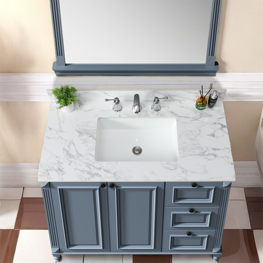 43x22 Bathroom Vanity Top,sintered Stone Carra White   Barthroom Vanity Sink Tops With Rectangular Undermount Ceramic Sink With Vanity Backsplash, Three Faucet Hole Bathroom Vanity Countertop
