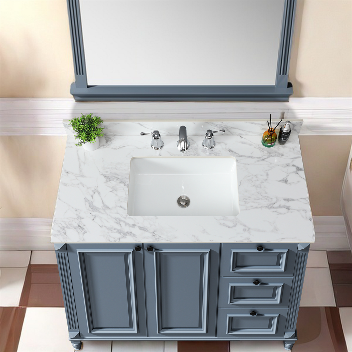 43x22 Bathroom Vanity Top,sintered Stone Carra White   Barthroom Vanity Sink Tops With Rectangular Undermount Ceramic Sink With Vanity Backsplash, Three Faucet Hole Bathroom Vanity Countertop