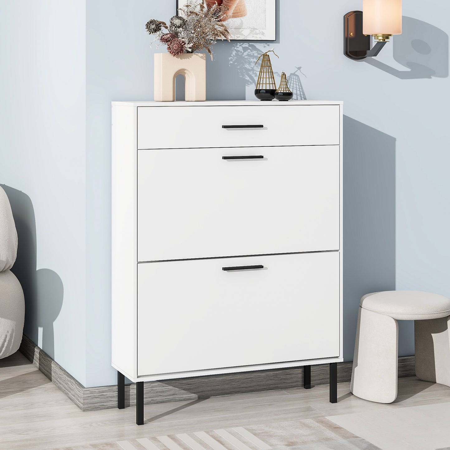 Shoe Cabinet, Freestanding Shoe Rack Storage Organizer With Drawers & Metal Legs, Modern Shoe Storage Cabinet With 2 Flip Drawers For Entryway