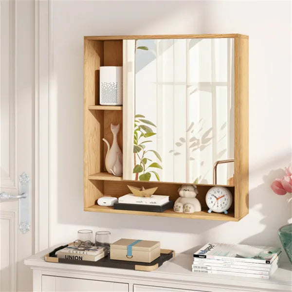 2 In 1 Mirrored Bathroom Wall Cabinet, Space-Saving Medicine Cabinet With Hidden Storage & Shelves - Natural