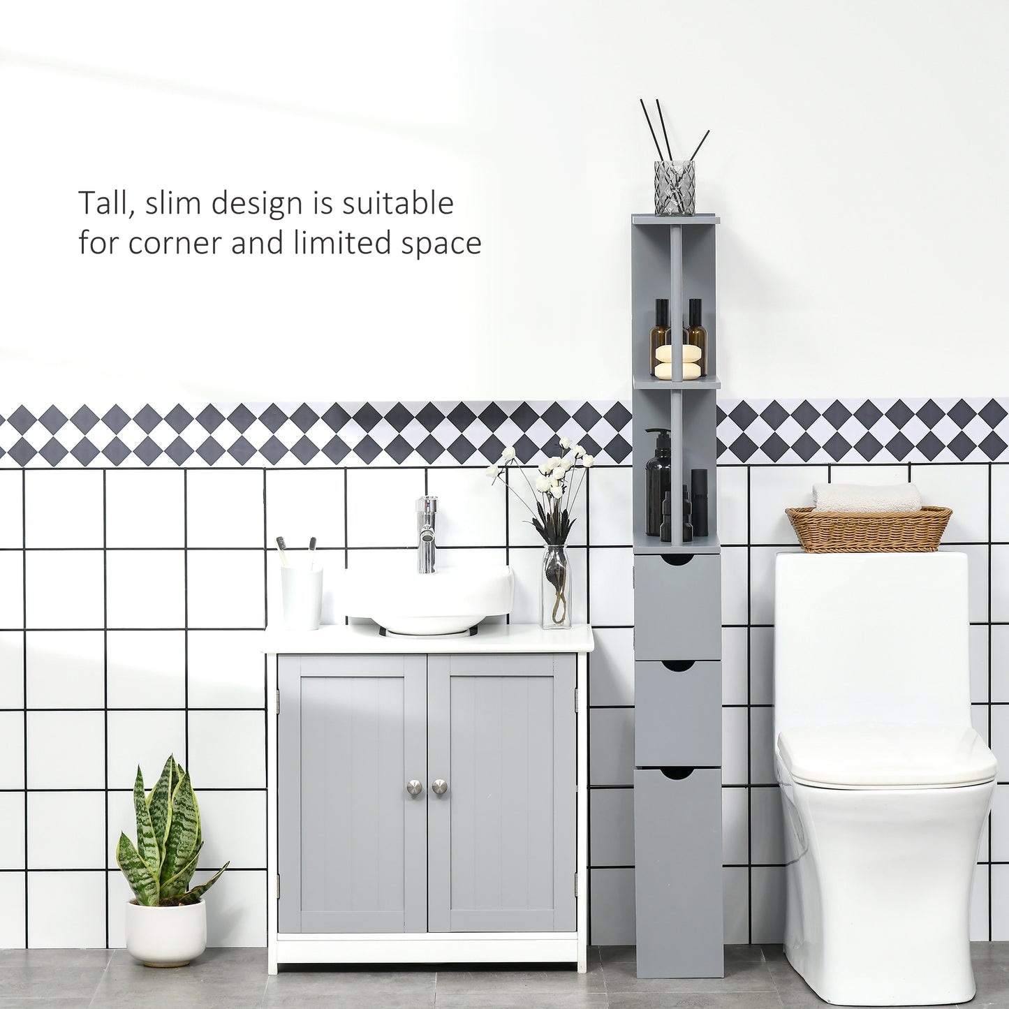 54" Tall Bathroom Storage Cabinet, Freestanding Linen Tower with 2-Tier Shelf and Drawers, Narrow Side Floor Organizer, Grey