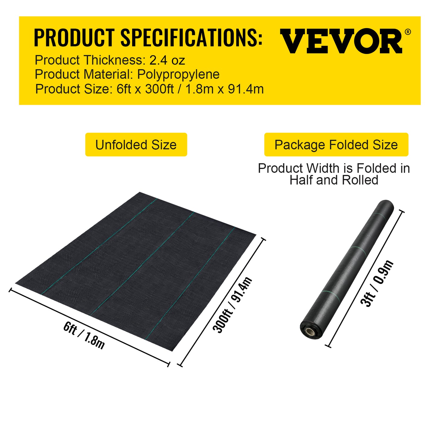 VEVOR 6FT300FT Premium Weed Barrier Fabric Heavy Duty 2.4OZ, Woven Weed Control Fabric, High Permeability Good For Flower Bed, Geotextile Fabric For Underlayment, Polyethylene Ground Cover