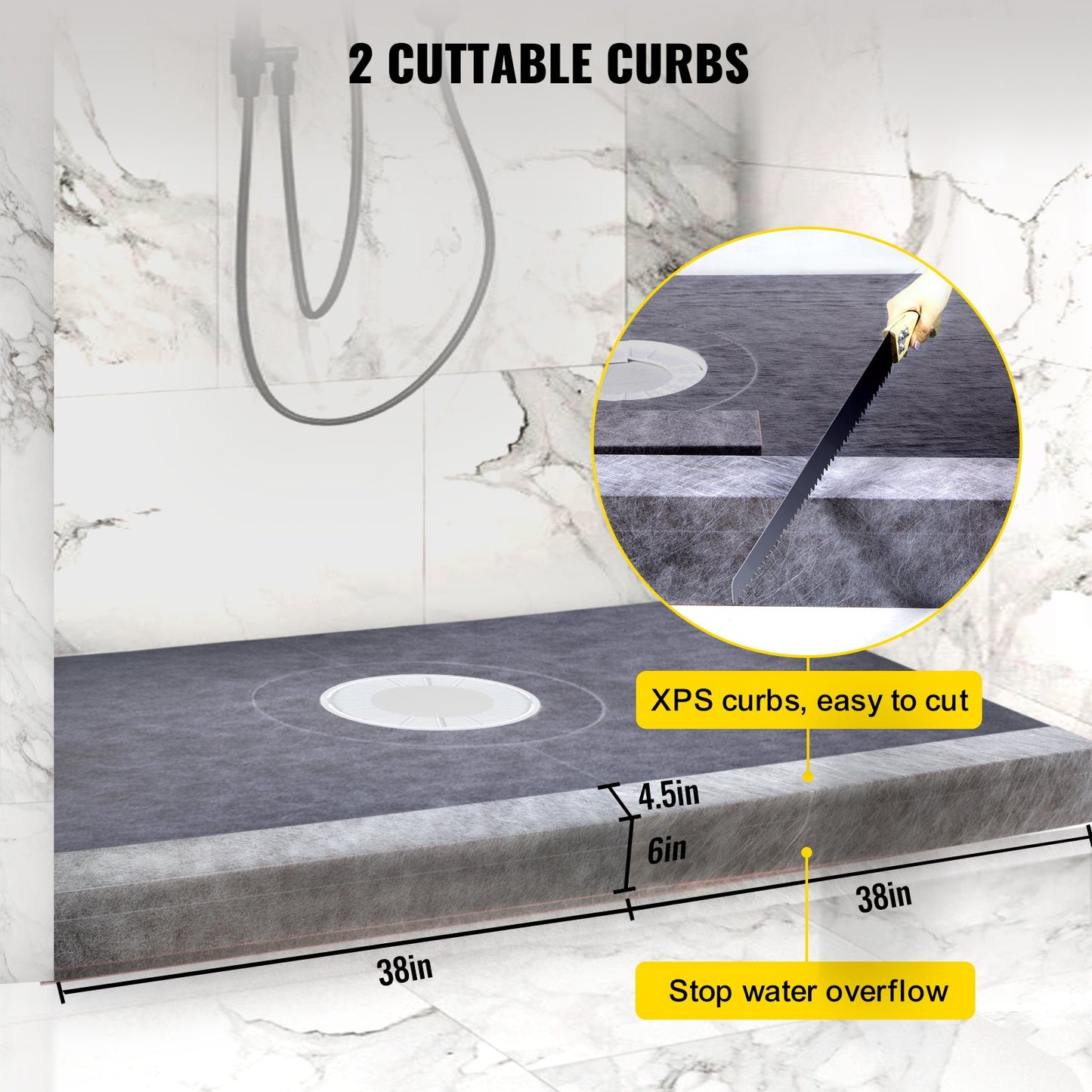 Shower Curb Kit, 38\"x60\" Watertight Shower Curb Overlay With 4\" ABS Central Bonding Flange, 4\" Stainless Steel Grate, 2 Cuttable Shower Curb And Trowel, Shower Pan Slope Sticks Fit For Bathr