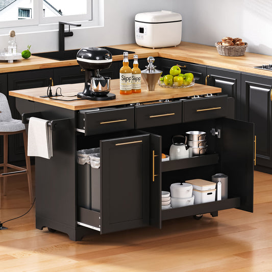 K&K 59.3  Kitchen Island With Storage 2 Pull Out Cabinet Organizers & Rubber Wood Drop Leaf, Rolling Kitchen Island With Trash Can Storage, Power Outlet, Spice & Towel Rack For Kitchen, Dining, Black