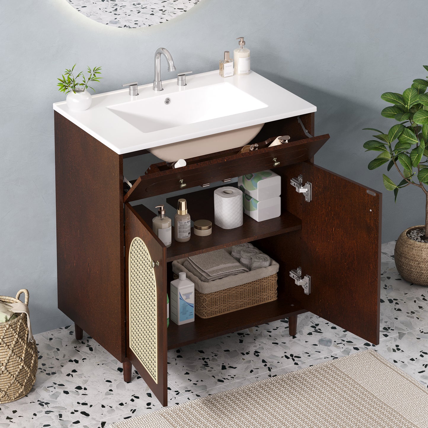 30 Bathroom Vanity With Ceramic Sink, Solid Wood Frame Bathroom Sink Cabinet With Adjustable Shelf, Tip-Drawer, Rattan Front Panels