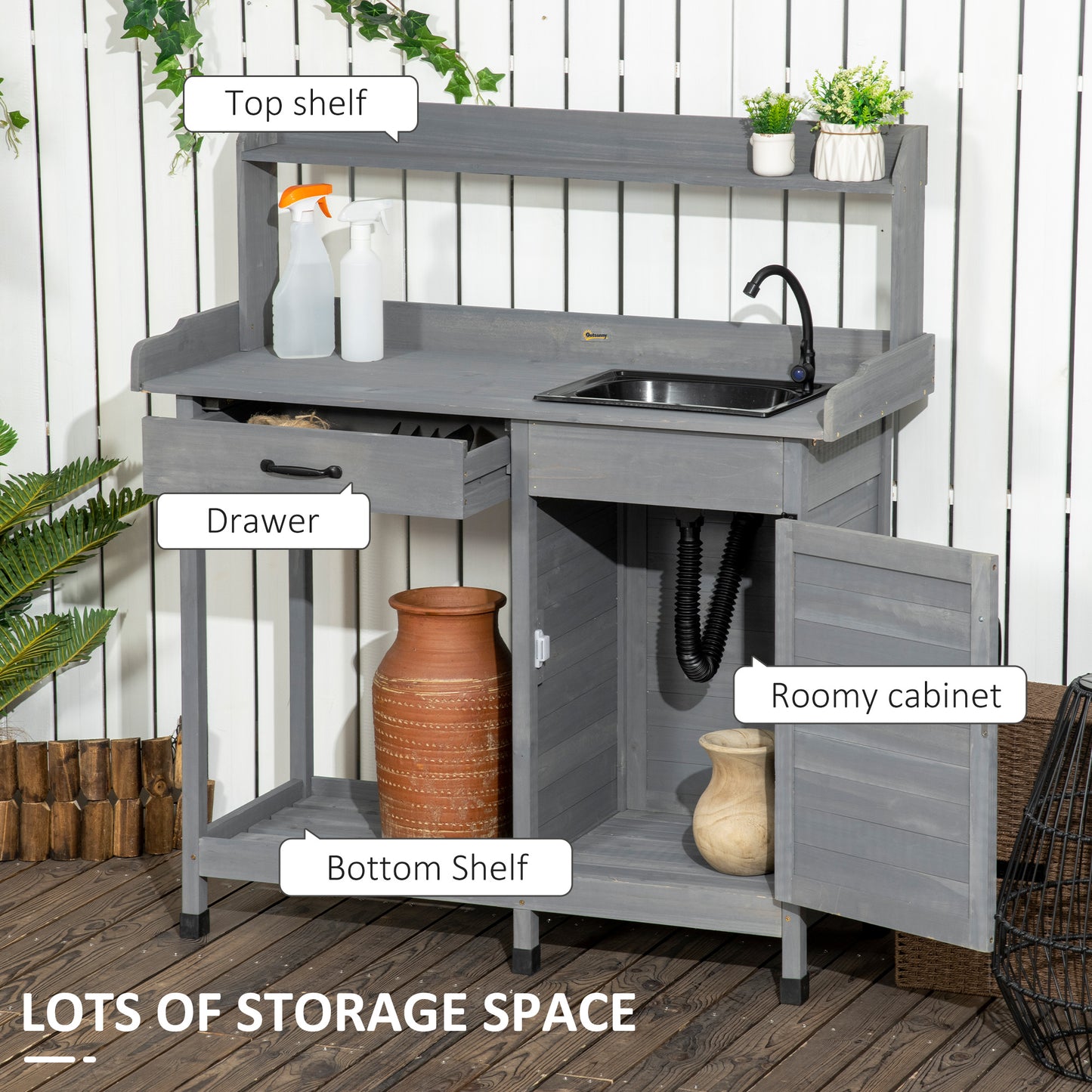 Potting Bench Table With Sink, Outdoor Work Bench Table With Storage Cabinet, Hooks, Removable Sink, Faucet And Drawer For Greenhouse, Garden, Patio, Gray